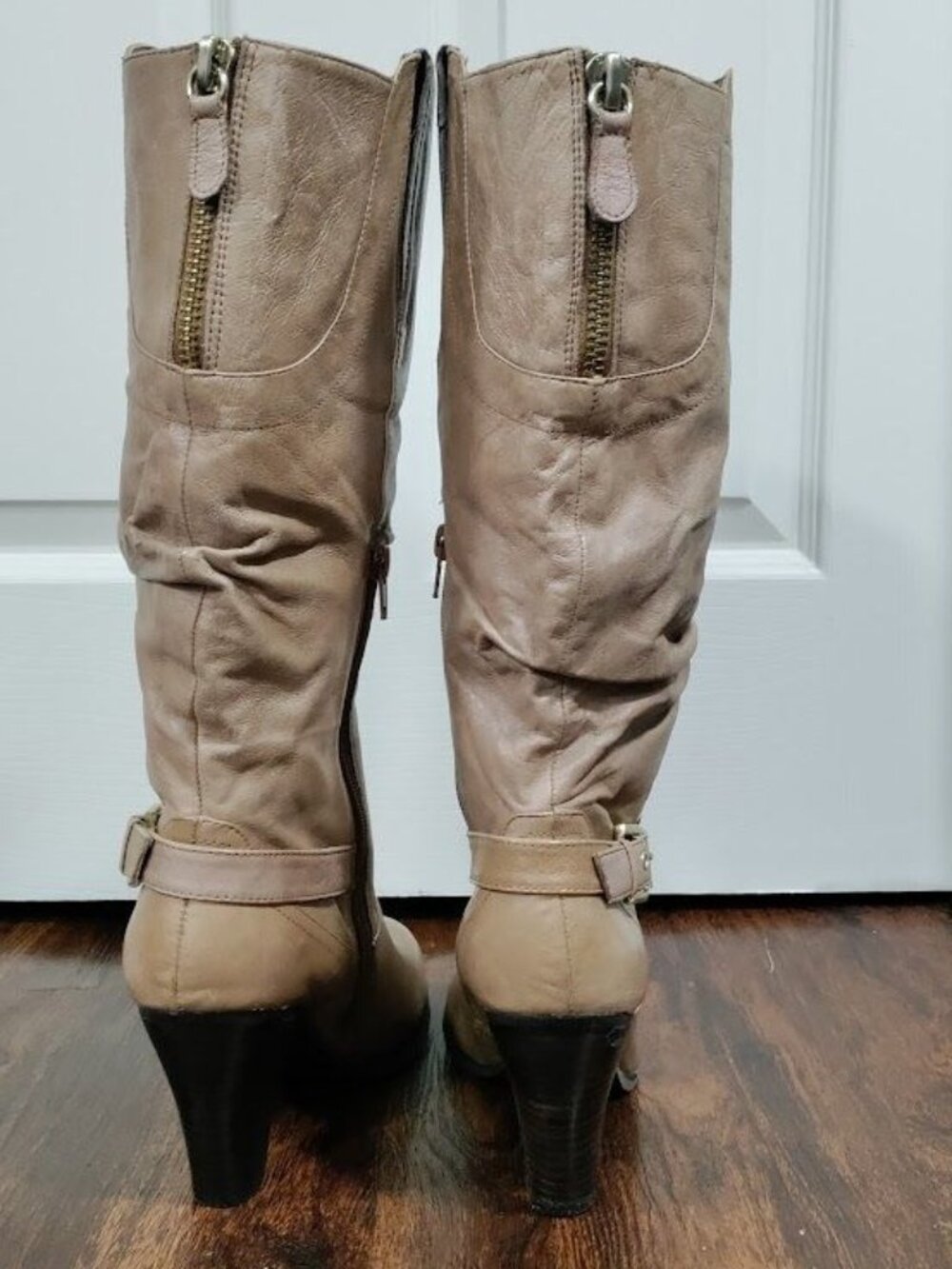 Guess MALLAY Tan Leather Side Zipper Mid-Calf Chunky High Heeled Boots Size 9 - Picture 4 of 16